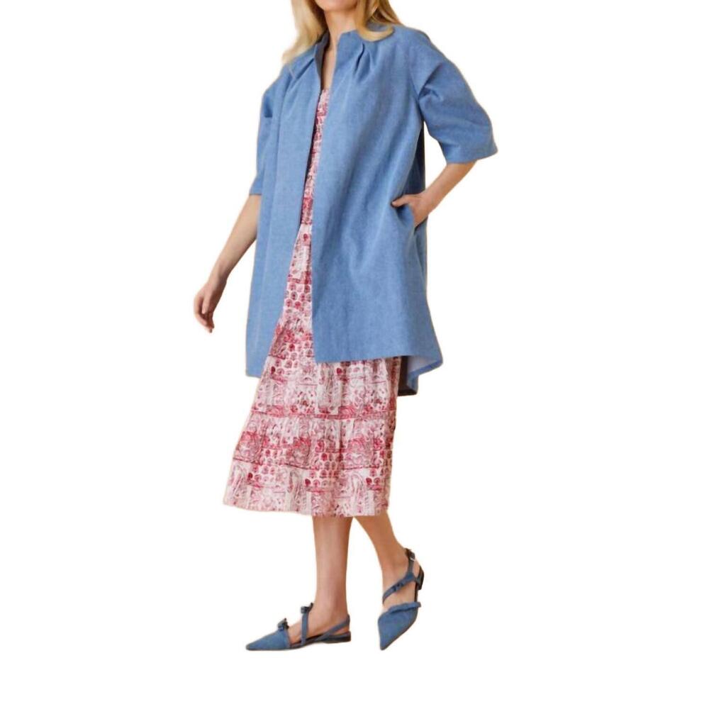 Light Blue Open Front Coat with Pink Printed Dress